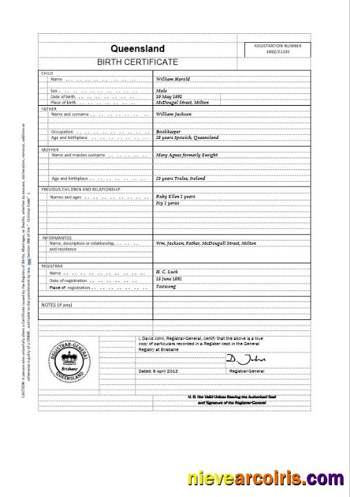 Australia Queensland birth certificate